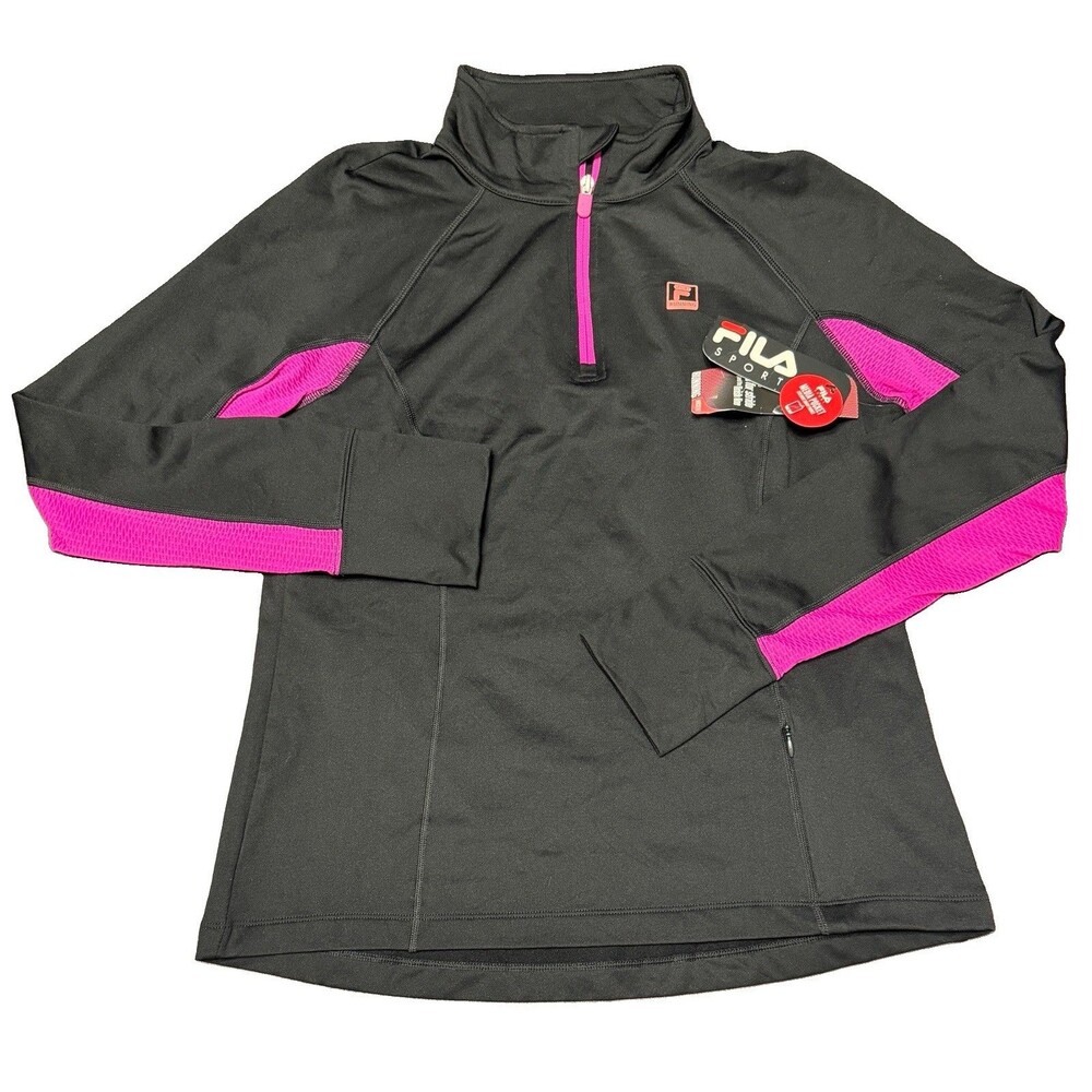 Fila Women’s Large Wicking Running Top, Quarter Zip, Vented, Stretch, Black/Pink